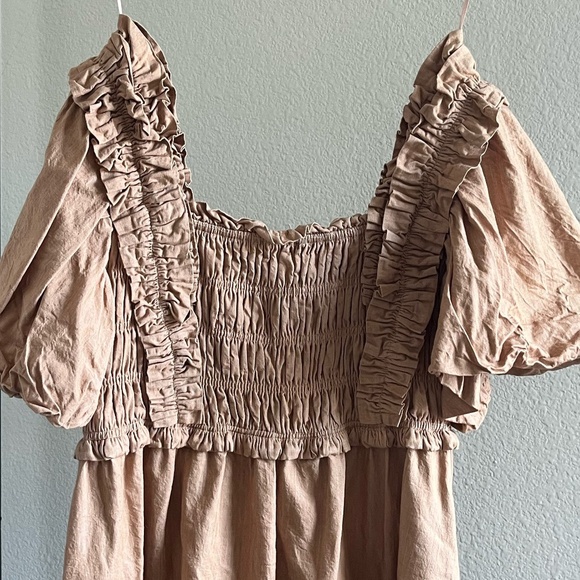 ENGLISH FACTORY | Fall Ruffle Square Neck Mini Dress in Tan | Size Small - Picture 5 of 10